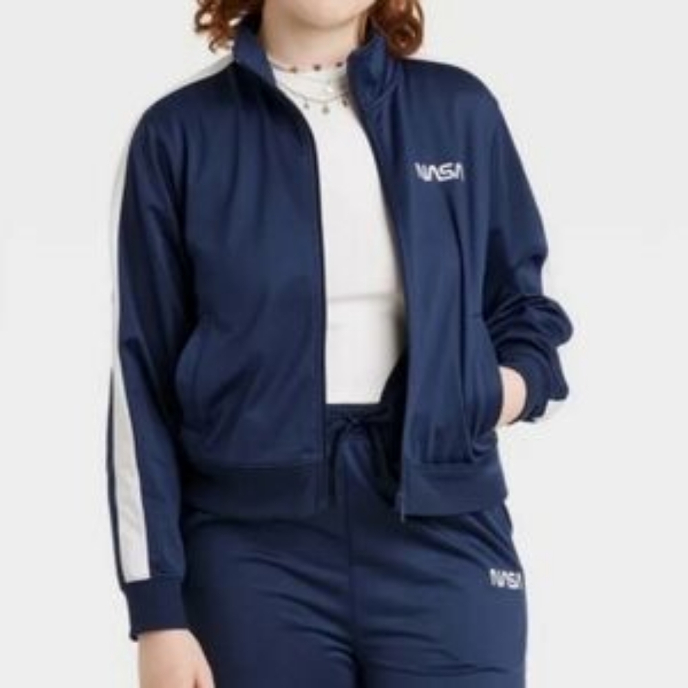 New Mighty Fine Women's NASA Full Zip-Up Sweatshirt Blue White Long Slee…